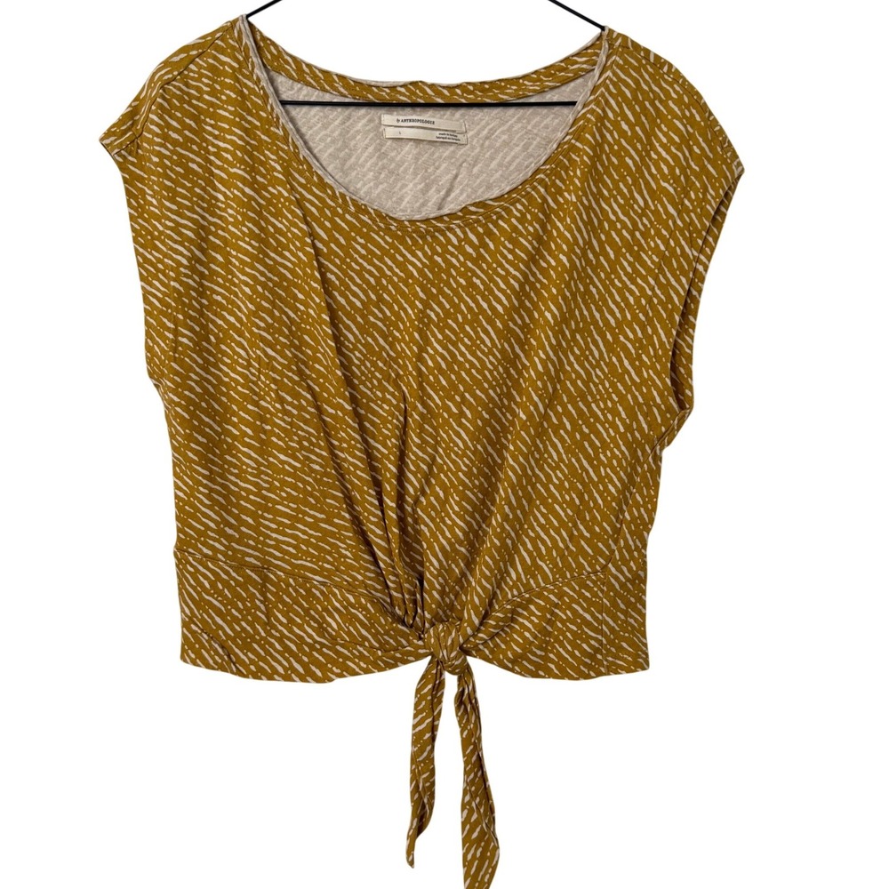 By Anthropologie Mustard Yellow Cotton Linen Front Tie Crop Top Cap Sleeve L